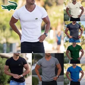 2024 мужская летняя приталенная футболка с v-образным вырезом, повседневная спортивная дышащая влагоотводящая однотонная футболка с короткими рукавами и вышивкой M чёрный