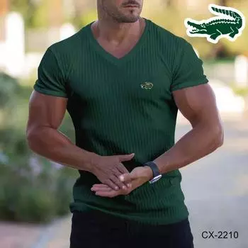 2024 мужская летняя приталенная футболка с v-образным вырезом, повседневная спортивная дышащая влагоотводящая однотонная футболка с короткими рукавами и вышивкой M чёрный
