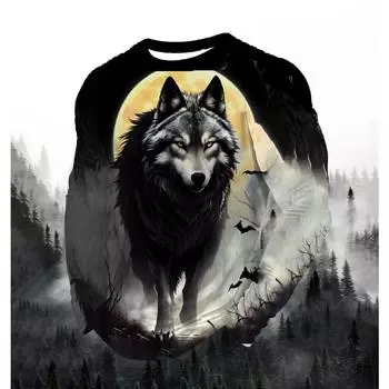 2024 мужская мода принт круглый вырез длинный рукав вечерние осенние спортивные повседневные пуловеры мужские 3d одинокий волк синий принт топы S
