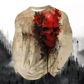 2024 Мужская мода с принтом, круглым вырезом, длинным рукавом, для вечеринок, осенний спортивный повседневный пуловер, мужские свободные спортивные топы с принтом 3D-черепов S