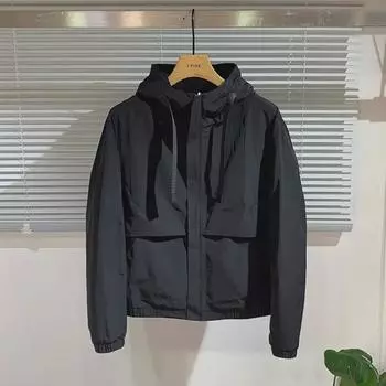 2024 Мужская модная хлопковая рабочая куртка с капюшоном в корейском стиле — однотонная, короткая, облегающего кроя. 3XL