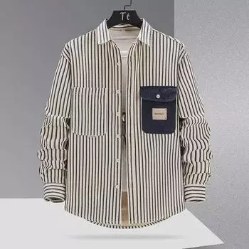 2024 Мужская модная полосатая рубашка с длинным рукавом и пиджак в гонконгском стиле L синий