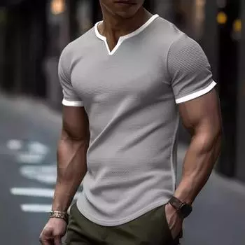 2024 Мужская модная свободная клетчатая футболка с V-образным вырезом и коротким рукавом