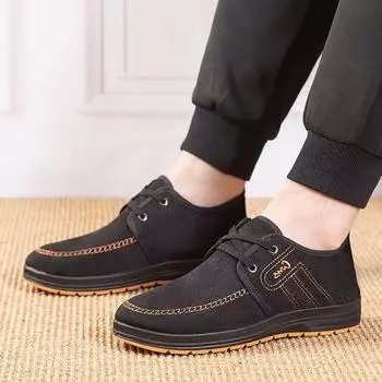 2024 Мужская новая удобная модель мягкой подошвы матерчатая обувь на низком плоском каблуке со шнуровкой повседневная парусиновая обувь 39 чёрный