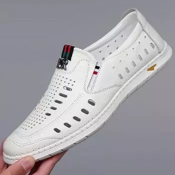 2024 Мужская обувь из натуральной кожи Повседневная обувь Летние новые ажурные мокасины без застежек Модные кожаные сандалии 38 чёрный