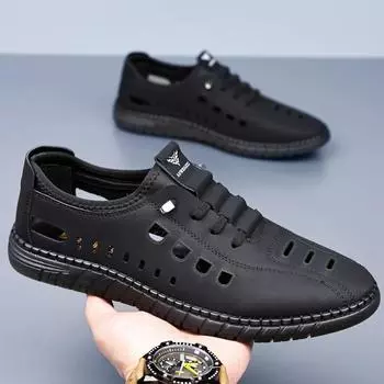 2024 мужская обувь летняя новая кожаная обувь универсальная мужская полая дышащая белая обувь дырочная обувь мягкая подошва повседневная кожаная обувь 38 белый