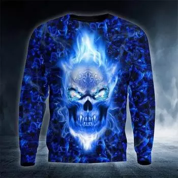2024 Мужская осенняя футболка с круглым вырезом и длинным рукавом = ретро-череп с 3D-принтом Футболки Повседневная модная одежда для мужчин S