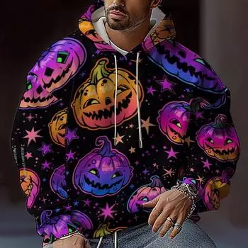 2024 Мужская осенняя толстовка с капюшоном и 3D-цифровой печатью на Хэллоуин с элементом тыквенной головы M