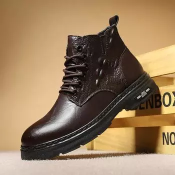 2024 Мужская повседневная кожаная обувь 2024 Новые дизайнерские ботинки с круглым носком Высокие противоскользящие ботинки для ходьбы на открытом воздухе Ботинки с толстой подошвой 38 чёрный