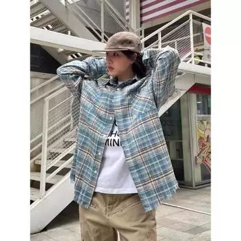 2024 Мужская рубашка-рубашка с длинным рукавом в американском ретро-стиле в клетку 2XL синий