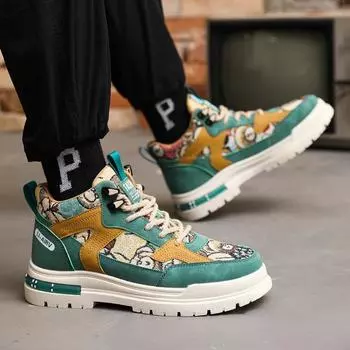 2024 Мужская спортивная обувь Новые повседневные ботинки с плоской подошвой для зимнего туризма на открытом воздухе Дизайнерские роскошные модные рабочие ботинки с высоким верхом из парусины 39 зелёный