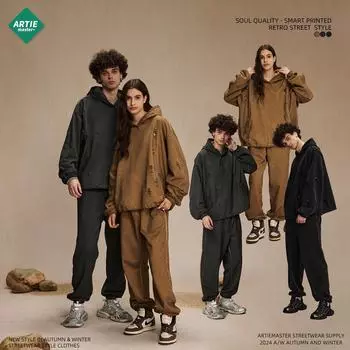 2024 Мужская толстовка с капюшоном в стиле ретро с эффектом потертости — уличная мода Dirty Dyed для осени/зимы S