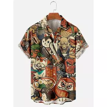 2024 Мужская трендовая повседневная рубашка в стиле Харадзюку в японском ретро-стиле с коротким рукавом, нагрудный карман, модные пуговицы 1 M