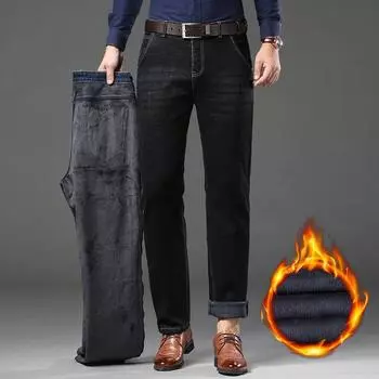 2024 Мужская зимняя новая коллекция с утолщенными джинсами из бархата, мужские прямые свободные повседневные теплые брюки в деловом стиле 28 синий