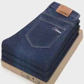 2024 Мужские эластичные узкие прямые джинсы на весну и осень - Деловые повседневные свободные зимние брюки для среднего возраста 1832, 28 синий