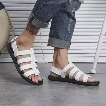 2024 Мужские белые кожаные сандалии с открытым носком: Модный, дышащий, нескользящий, с заклепками, летний молодежный стиль Size 38