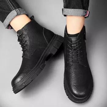 2024 Мужские ботинки на шнуровке Высококачественные повседневные классические туфли с высоким берцем Теплые плюшевые деловые туфли из натуральной кожи Ботинки из коровьей кожи 37 хаки