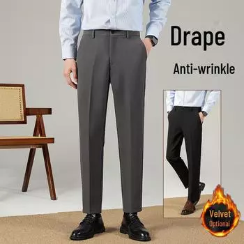 2024 Мужские брюки прямого кроя с бархатом на осень-зиму - высококачественные плотные повседневные брюки Dark blue cropped trousers. 36 темно-синий