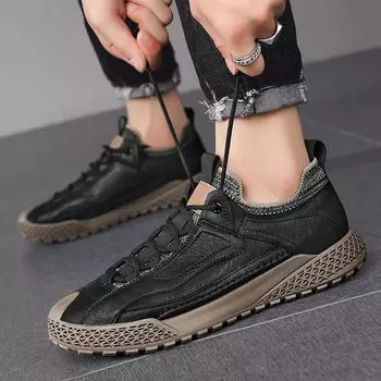 2024 Мужские классические черные/хаки кожаные кроссовки повседневные мягкие кожаные туфли на шнуровке Мужская модная обувь для ходьбы на открытом воздухе Мужские кроссовки 38 чёрный