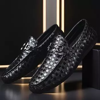 2024 Мужские кожаные туфли без застежек из плетеной ткани: Осенний стиль, мягкая подошва, дышащие, универсальные для молодежи Size 45 (Runs Small)