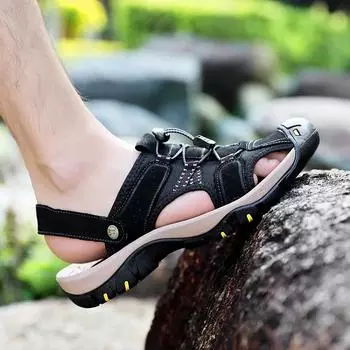 2024 мужские летние сандалии, кожаная уличная пляжная обувь, обувь ручной работы, модные тапочки большого размера, мужская роскошная повседневная обувь 38 чёрный