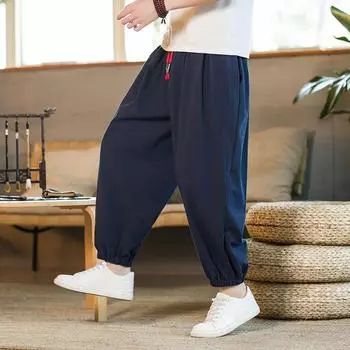 2024 Мужские летние свободные брюки из хлопка и льна с девятью точками - японский стиль, большой размер, однотонный цвет M чёрный