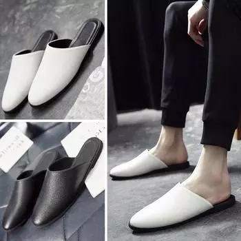 2024 Мужские модные кожаные тапочки Slip-On Lazay Half Drags Мужские британские тапочки для дома и улицы в деловом стиле 39 чёрный