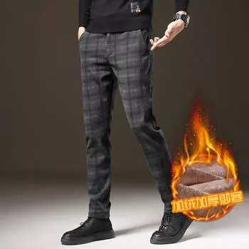 2024 Мужские осенние и зимние брюки с плюшевым утолщением/Обычные повседневные эластичные сетчатые прямые брюки-трубы модные и трендовые 28 серый