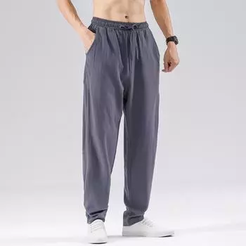 2024 Мужские пляжные дышащие тонкие хлопковые льняные брюки Мужские повседневные свободные прямые брюки со шнуровкой на весну-лето Мужские длинные брюки M льняной