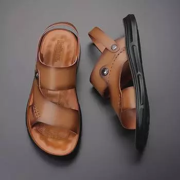 2024 Мужские пляжные сандалии из натуральной кожи: Модные, двухслойные, мягкие, нескользящие повседневные туфли 44 хаки