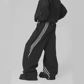 2024 Мужские повседневные брюки в полоску в американском стиле с широкими штанинами на весну/осень M чёрный