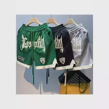 2024 Мужские повседневные летние шорты в гонконгском стиле - молодежный свободный крой с модной этикеткой с буквенным принтом 3XL зелёный