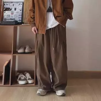 2024 Мужские японские ретро-брюки свободного покроя с широкими штанинами для работы — однотонные, универсальные, повседневные весенние брюки M чёрный