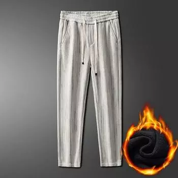 2024 Мужские свободные прямые брюки, мужские полосатые брюки с эластичной талией, флисовые брюки длиной до щиколотки, зимние мужские повседневные теплые спортивные брюки XL бежевый