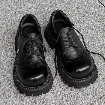 2024 Мужские туфли дерби из натуральной кожи с круглым носком - британский стиль, толстая подошва, черные ботинки Size 44 чёрный
