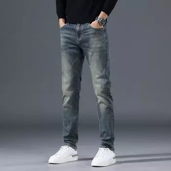 2024 Мужские узкие хлопковые джинсы ностальгического синего цвета — модные, удобные, прямого кроя 29 (72cm) 110lb