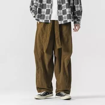 2024 Мужские вельветовые брюки, мужские однотонные свободные брюки с эластичной резинкой на талии, повседневные широкие брюки в уличном стиле, мужские длинные брюки в корейском стиле 3XL чёрный