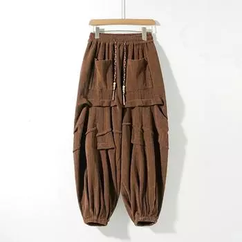 2024 Мужские вельветовые брюки в китайском стиле, мужские повседневные брюки, осень-зима, мужские спортивные штаны с эластичной резинкой на талии, мужские широкие брюки L чёрный