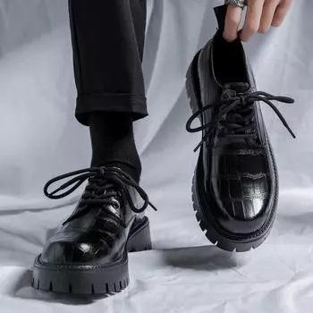 2024 Мужские весенне-осенние туфли из кожи, модные трендовые туфли на платформе, универсальные, японские, корейские, деловые, повседневные, мужские туфли 38 чёрный