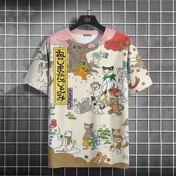 2024 Мужские Женские Футболки Летняя Повседневная Одежда Унисекс Свободная Футболка Оверсайз с Коротким Рукавом Для Мужчин Harajuku Cat Printed Tees Top S