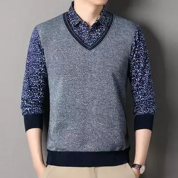 2024 Мужской флисовый свитер осень-зима пуловер рубашка поло воротник поддельный двухкомпонентный толстый теплый топ одежда повседневный трикотаж M темно серый