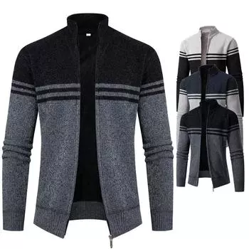 2024 Мужской флисовый толстый кардиган осень-зима вязаные свитера мужские кардиганы облегающий крой люксовый бренд холодный свитер пальто куртка M чёрный
