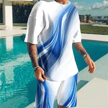 2024 Мужской костюм сине-белая текстурированная круглая горловина с коротким рукавом футболка и шорты летняя модная мужская повседневная одежда для бассейна S
