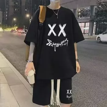 2024 Мужской летний спортивный повседневный костюм в корейском стиле: Круглый вырез, короткий рукав с принтом XXL серый