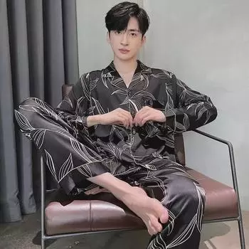 2024 Мужской пижамный комплект из жаккарда Ice Silk: Кардиган с длинными рукавами и брюки - весна/лето, большие размеры XXXL