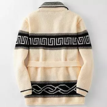 2024 Мужской теплый свитер кардиган осень зима ретро жаккардовый вязаный свитер мужской толстый шнурованный кардиган свитер пальто M абрикосовый