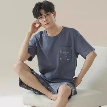 «2024 Мужской тонкий хлопковый пижамный комплект с коротким рукавом — летний стиль, доступны большие размеры» 3XL (90-100 kg)