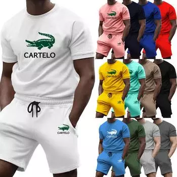 2024 Мужской весенне-летний повседневный модный однотонный спортивный костюм из двух предметов с короткими рукавами, модные четвертьбрюки M чёрный