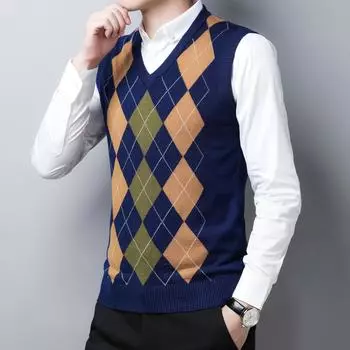 2024 Мужской вязаный жилет с V-образным вырезом и геометрическим ромбом, вязаный жилет на осень-зиму, теплый повседневный свитер без рукавов, топы M синий святого патрика