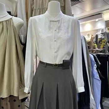 2024 начало осени новый пригородный свободный маленький воротник-стойка жемчужная кисточка пряжка национальный стиль вышитая рубашка кардиган женский тренд S within 50 kg абрикосовый